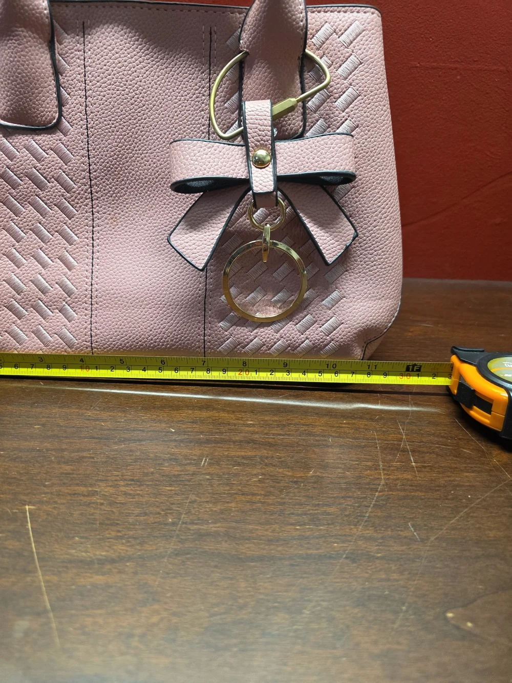 Chic Pink Satchel with Bow Charm and Gold Accents - Picture 7 of 8